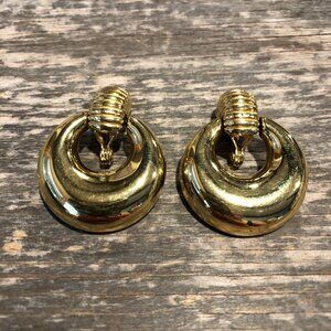 Vintage Monet Earrings Gold Tone Door Knocker Clip On Moon Hoops Shiny